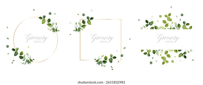 Herbs and greenery vector banners. Hand painted plants, branches, leaves on a white backgrounds. Greenery wedding simple logo templates. Watercolor style cards. All elements are isolated and editable