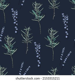 Fondo dibujado a mano con hierbas. Patrón sin foco con romero y lavander sobre fondo azul oscuro. Vector de fondo de pantalla colorido. Ilustración decorativa, buena para imprimir.