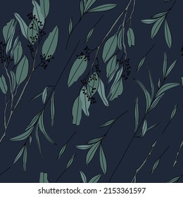 Herbs hand drawn background. Seamless pattern with leaves and branches on dark blue background. Decorative illustration, good for printing.