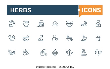 Herbs icon collection. Contains related to utensil, cuisine, web, star, condiments, spice and more. Minimal linear icons. Vector icons editable stroke.