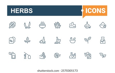 Herbs icon collection. Contains related to utensil, cuisine, web, star, condiments, spice and more. Minimal linear icons. Vector icons editable stroke.