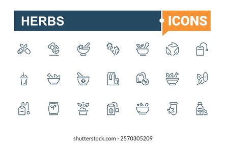 Herbs icon collection. Contains related to utensil, cuisine, web, star, condiments, spice and more. Minimal linear icons. Vector icons editable stroke.