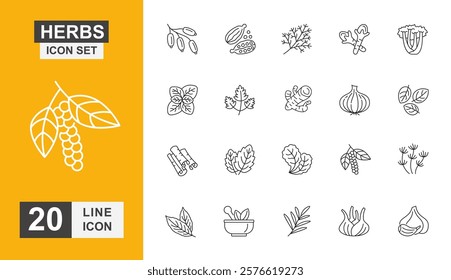 Herbs icon set. Ginger, greenery, botanical and more line icon