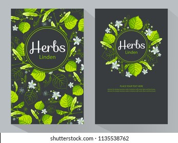 Herbs Linden vertical banners, round linden flower frame, vector illustration, line art decorative Linden for design cosmetic, natural medicine, herbal tea, food menu. 