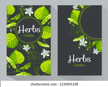 Herbs Linden vertical banners, vector illustration, line art decorative Linden for design cosmetic, natural medicine, herbal tea, food menu. 