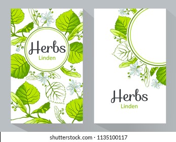 Herbs Linden vertical banners, vector illustration, line art decorative Linden for design cosmetic, natural medicine, herbal tea, food menu. 