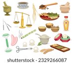 Herbs and materials for oriental Chinese medicine set. Ginseng roots for herbal treatment and gua sha massage, acupuncture and incense. Cartoon flat vector collection isolated on white background