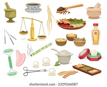 Herbs and materials for oriental Chinese medicine set. Ginseng roots for herbal treatment and gua sha massage, acupuncture and incense. Cartoon flat vector collection isolated on white background