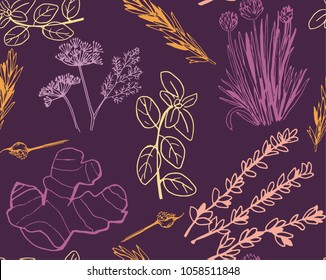 Herbs and medicinal plants seamless pattern