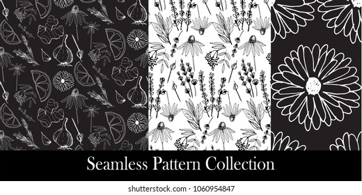 Herbs and medicinal plants seamless patterns