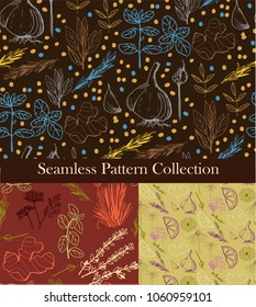 Herbs and medicinal plants seamless patterns