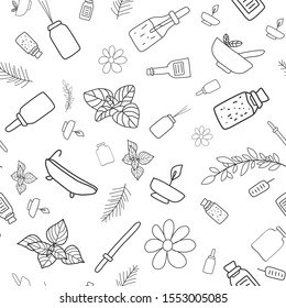Herbs and natural oils seamless pattern. Bottle, leaves, bathroom, candle and other icons. Background for relaxation, aromatherapy, medicine, health care. Black and white icons.