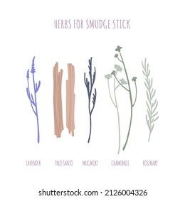 Herbs and Palo Santo for smudge sticks set. Hand-drawn dry plants for incense bundles. Isolated yoga and wellness accessoires. Boho style decorative vector flat illustration.