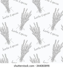 Herbs pattern with hand drawn savory branches, seamless vector herbs and spices background 