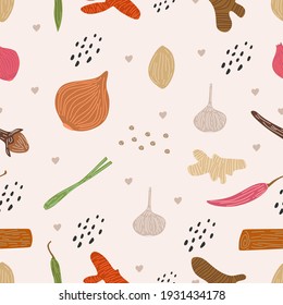 El patrón de hierbas se adapta perfectamente a las texturas dibujadas a mano. Esbozo de ilustración vectorial de jengibre, pimienta de chile, cebolla, cebolla roja, ajo, clavo, azafrán, hierba de limón, cúrcuma. Diseño de impresión de tela de dibujos animados