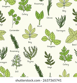 HERBS seamless pattern hand drawn botanical illustration simple plants drawing vegetable artistic modern doodles green kitchen gardening