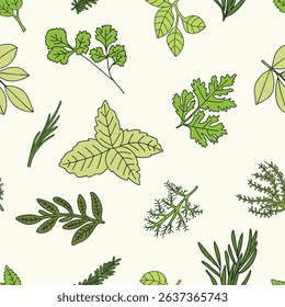HERBS seamless pattern hand drawn botanical illustration simple plants drawing vegetable artistic modern doodles green kitchen gardening