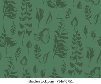Herbs seamless pattern. Painted leaves in green colors. Vector hand drawn stylized background.