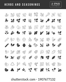 Herbs and Seasonings. Collection of perfectly simple monochrome icons for web design, app, and the most modern projects. Universal pack of classical signs for category Food and Drink.