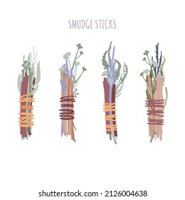 Herbs smudge sticks set with Palo Santo. Hand-drawn dry plants for incense bundles. Isolated yoga and wellness accessoires. Boho style decorative vector flat illustration.