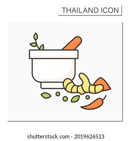 Herbs and spice color icon.Flavoring and aromatic substances used to prepare dishes. Chili peppers, ginger.Thailand concept. Isolated vector illustration