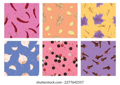 Herbs and spices aroma seasonings cooking ingredient seamless pattern set vector isometric illustration. Organic chili black peas pepper garlic clove ginger saffron culinary gourmet wallpaper design