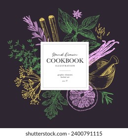 Herbs and spices banner template. Chalk pastel like drawings on chalkboard. Graphic elements for cook book design, restaurant menu and recipe sheets