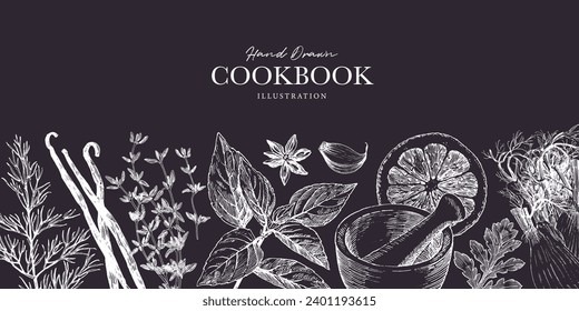 Herbs and spices banner template. Chalk pastel like drawings on chalkboard. Graphic elements for cook book design, restaurant menu and recipe sheets