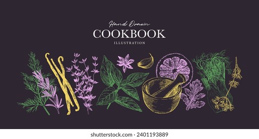 Herbs and spices banner template. Chalk pastel like drawings on chalkboard. Graphic elements for cook book design, restaurant menu and recipe sheets