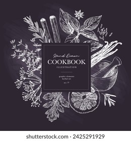 Herbs and spices banner template. Chalk like drawings on black board. Graphic elements for cook book design, restaurant menu and recipe sheets