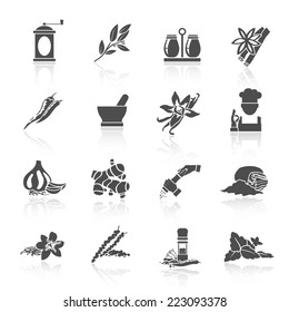 Herbs and spices black icons set of vanilla basil nutmeg isolated vector illustration