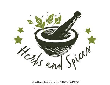 Herbs and spices, bowl with leaves and powder