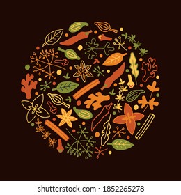 Herbs and spices card. Hand drawn vector illustration. Doodle style spices set in green, orange, yellow colors. Design for poster, logo, print, spice shop, store, market, restaurant, menu, packaging