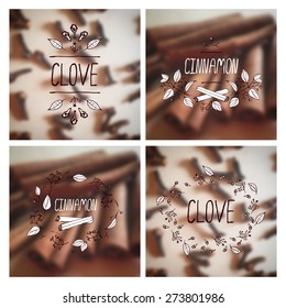 Herbs and Spices Collection - Cinnamon and Clove.  Hand-sketched typographic elements on blurred background. Suitable for ads, signboards, packaging, decor and identity designs