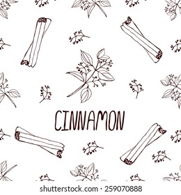 Herbs and Spices Collection - Cinnamon. Seamless pattern with handdrawn elements. Suitable for packaging and identity designs