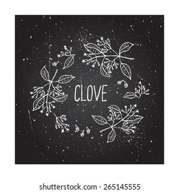 Herbs and Spices Collection - Clove. Hand-sketched typographic element on chalkboard background. Suitable for ads, signboards, packaging and identity designs