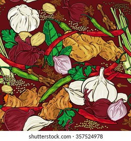 Herbs and Spices colorful seamless vector pattern.