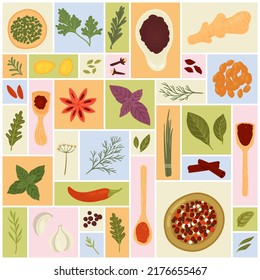 Herbs, spices, condiments and food ingredients set vector illustration. Cartoon dry and fresh plants, top view of wooden spoon or bowl with powder, whole seeds in geometric collage background