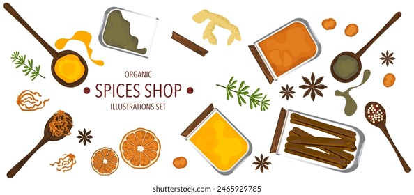 Herbs, spices and condiments in glass jars, side view in vintage style isolated on white background, vector illustration.