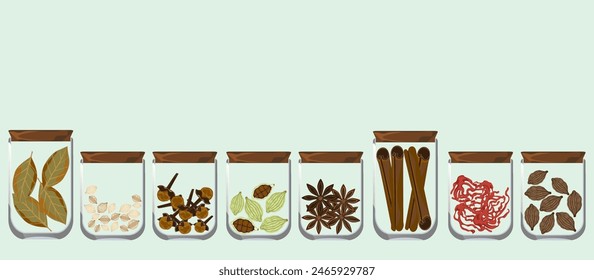 Herbs, spices and condiments in glass jars, side view in vintage style isolated on white background, vector illustration.