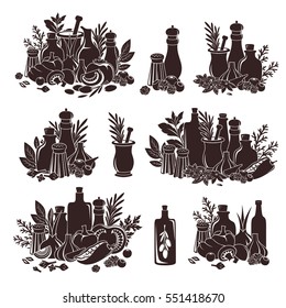 Herbs and spices. Design elements.Vector illustration of food ingredients. Isolated silhouettes on the white background.