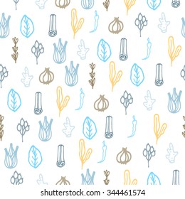 Herbs and spices doodle hand drawn seamless pattern. Repeat blue and orange on white background.