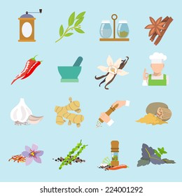 Herbs and spices flat icons set of ginger chili pepper garlic isolated vector illustration.