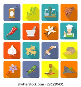 Herbs and spices flat icons set of ginger cinnamon mortar and pestle isolated vector illustration