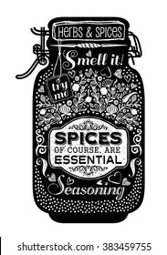 Herbs and spices in a glass jar with vintage style background and labels.
For restaurant and kitchen menu design.