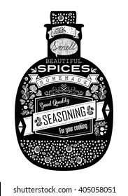 Herbs and spices in a glass jar with vintage style background and labels. For restaurant and kitchen menu design.