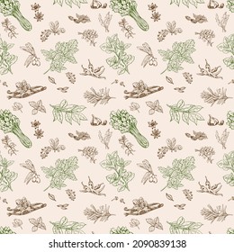 Herbs and spices hand drawn with ink lines in doodle sketch style. Mint, cinnamon, basil, sage, vanilla, cardamom, cumin, star anise, cloves. Vector seamless pattern for kitchen fabrics, menus, covers