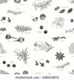 Herbs and spices in hand drawn seamless pattern, natural seasoning for cooking. Vector illustration textile, wallpapers or wrapping paper, background in vintage style.