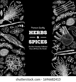 Herbs and spices, hand drawn vector illustration. Aromatic plants. Hand drawn food sketch. Vintage illustration. Card design. Sketch style. Spice and herbs black and white design.