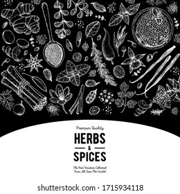 Herbs and spices hand drawn vector illustration. Aromatic plants. Hand drawn food sketch. Great for package. Vintage illustration. Card design. Sketch style. Spice and herbs black and white design.